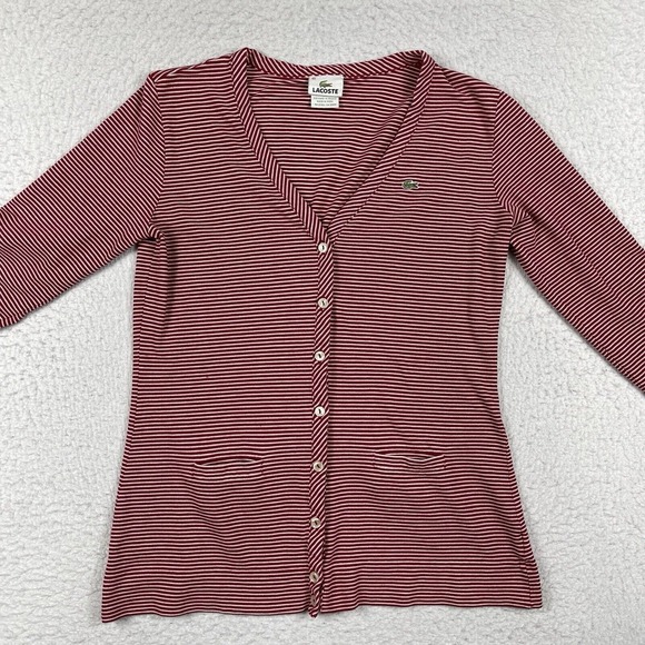 Lacoste Sweater Womens 40 US Medium Red White Cardigan Lightweight Preppy Work‎ - Picture 5 of 13